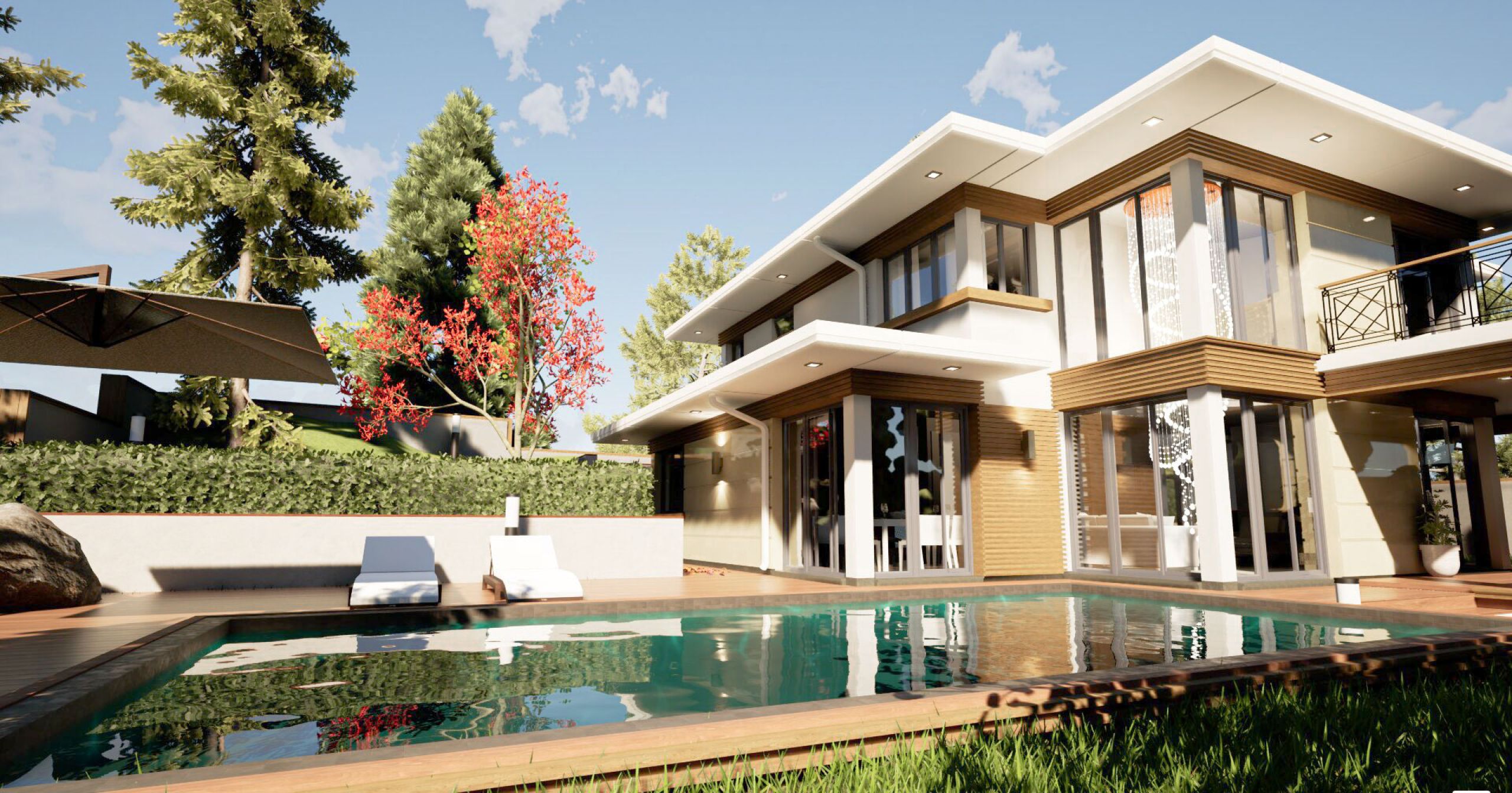 Low view of house from pool 3D view